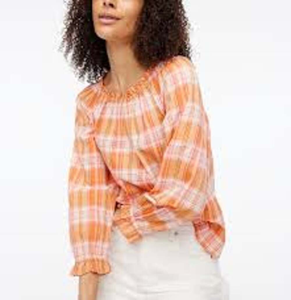 J. Crew Orange Plaid Ruffle Top with Back Neckline Tie Size S EUC